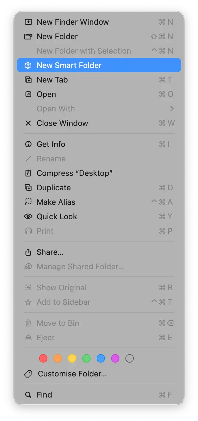 Screenhot of Foinder File menu with icons