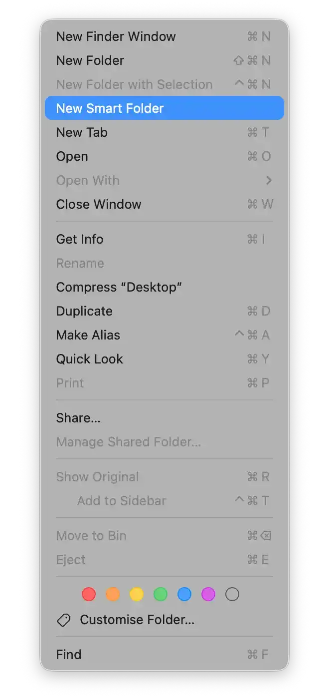 Screenhot of Foinder File menu without icons